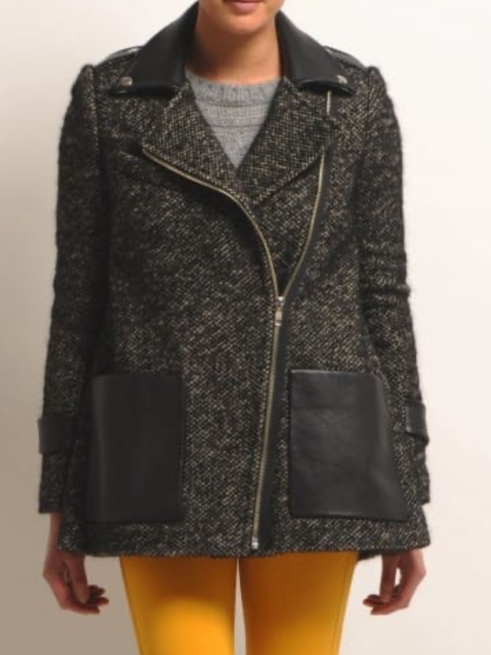 Maje Black & Gray Tweed Moto Jacket with Leather Trim